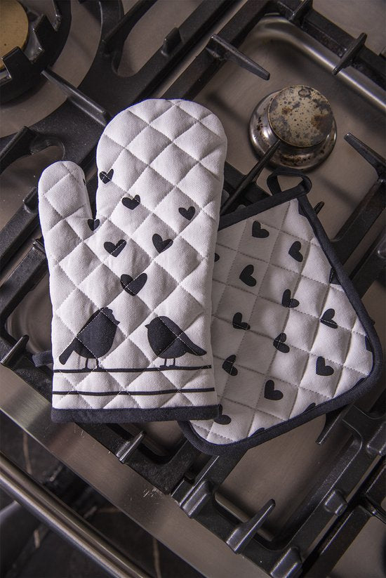 Clayre & Eef Ovenwant 18*30 cm Wit Zwart Katoen Vogeltjes Ovenhandschoen Cadeau voor haar