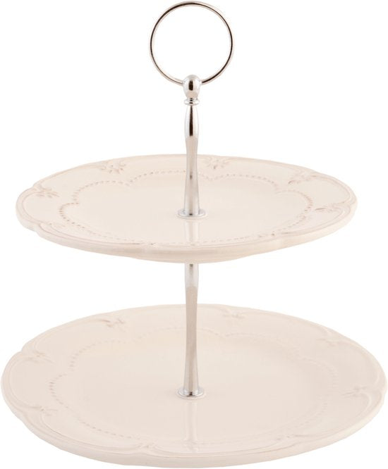 Clayre & Eef Etagère 2 laags 23 cm Beige Keramiek Rond Roosjes Taartplateau Serveerschaal