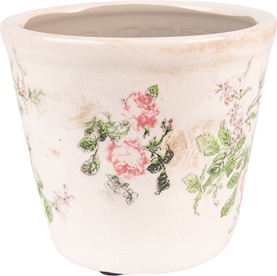 Clayre & Eef Bloempot Ø 12x10 cm Roze Beige Keramiek Rond Bloemen Bloempot binnen Plantenpot Plant pot
