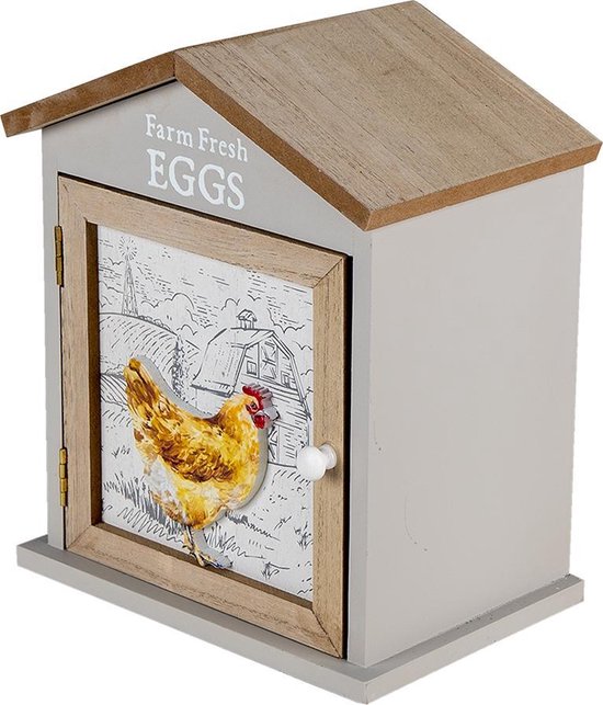 Clayre & Eef Eierkastje Huis 19*13*23 cm Bruin Hout Kip Farm Fresh Eggs Eierhouder