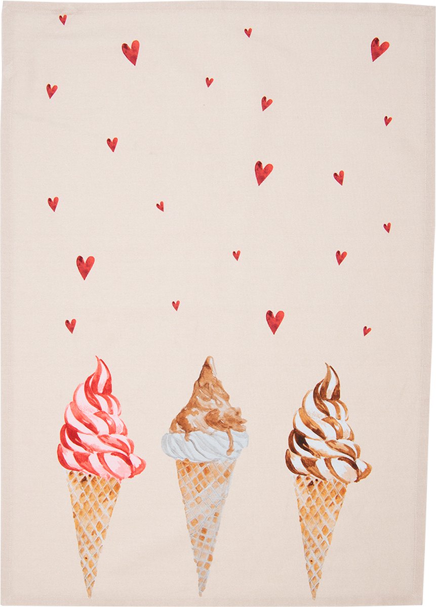 Clayre & Eef Theedoek 50x70 cm Beige Roze Katoen Rechthoek Ijsjes Keukenhanddoek