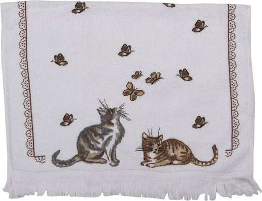 Clayre & Eef Gastendoekje 40*66 cm Wit Bruin Zwart Katoen Katten Toilet handdoek Kleine handdoek Gastendoek