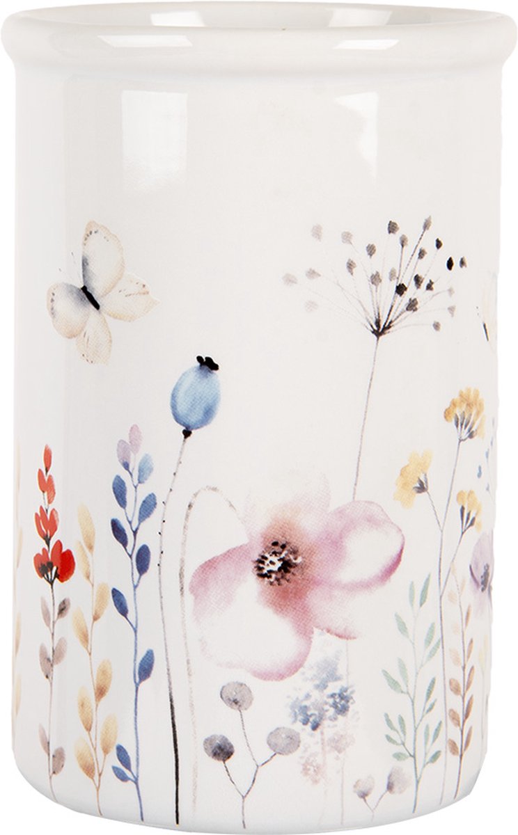 Clayre & Eef Tandenborstelhouder Ø 8x12 cm Wit Keramiek Bloemen