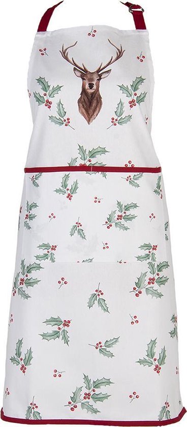 Clayre & Eef Keukenschort 70*85 cm Wit Rood Katoen Hert Hulstbladeren BBQ Schort Cadeau voor haar Kookschort