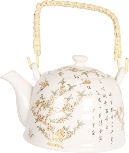 Clayre & Eef Theepot met Filter 800 ml Beige Bruin Porselein Rond Bloemen Theekan Cadeau voor haar Chinese Theepot