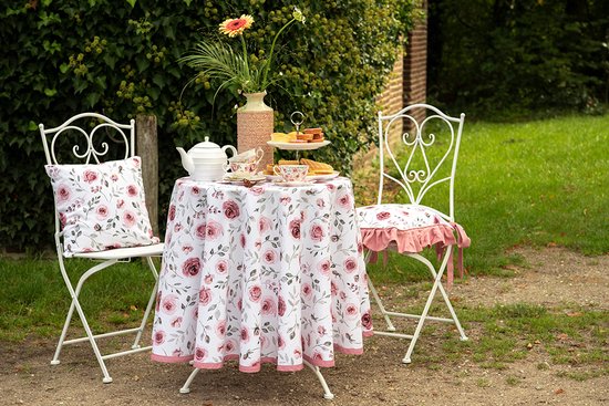 Clayre & Eef Keukenschort 70*85 cm Wit Roze Groen Katoen Rozen BBQ Schort Cadeau voor haar Kookschort