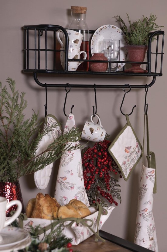 Clayre & Eef Keukenschort 70*85 cm Beige Groen Rood Katoen dennentak BBQ Schort Cadeau voor haar Kookschort