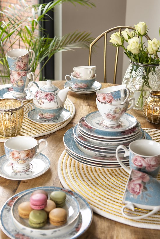Clayre & Eef Tea for One 16*10*14 cm / 400 ml / 250 ml Blauw Wit Porselein Bloemen Theepot set Cadeau voor haar Theepot met Kopje
