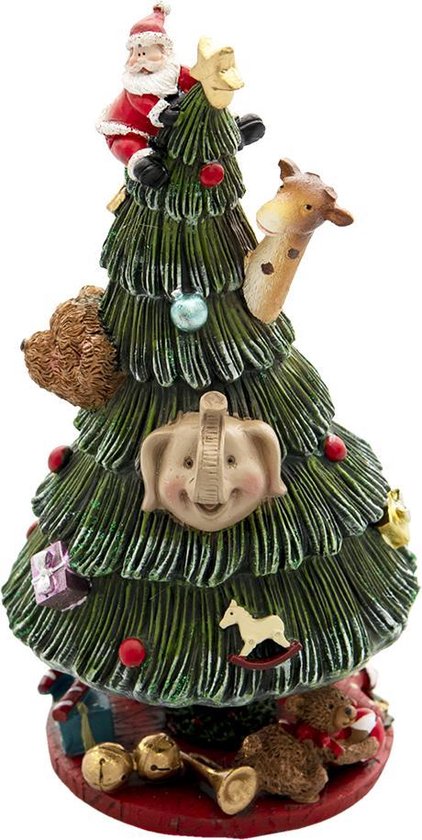Clayre & Eef Muziekdoos Kerstboom Ø 12*24 cm Groen Rood Kunststof Kerstdecoratie Beeld Decoratief Figuur Decoratieve Accessoires
