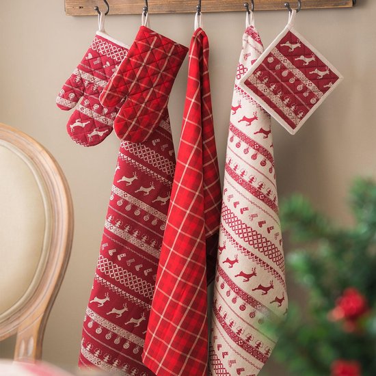 Clayre & Eef Theedoek 50*85 cm Rood Beige Katoen Rechthoek Kerst Vaatdoek Keukendoek Schotelvod