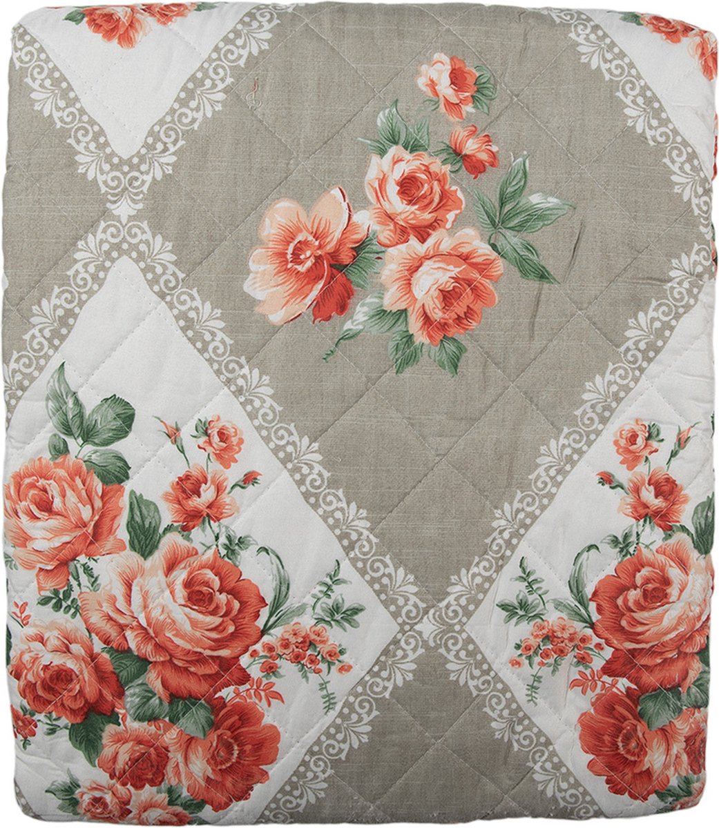 Clayre & Eef Bedsprei 140x220 cm Grijs Roze Katoen Polyester Rechthoek Bloemen Sprei