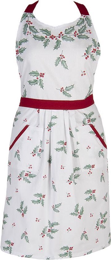 Clayre & Eef Keukenschort 70*85 cm Wit Rood Groen Katoen Hulstblaadjes BBQ Schort Cadeau voor haar Kookschort