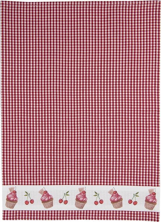 Clayre & Eef Theedoek 50*70 cm Rood Wit Katoen Cupcake Keukenhanddoek Keukendoek Vaatdoek
