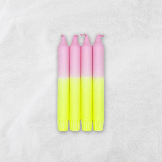 MingMing - Bubblegum & Neon Geel - Dip Dye Kaarsen - set van 4 - handgemaakte kaarsen - dinerkaarsen