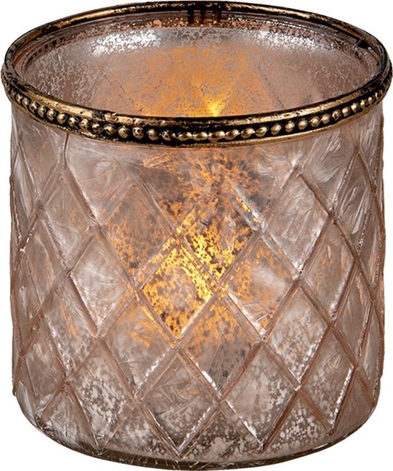 Clayre & Eef Glazen Theelichthouder Ø 10*10 cm Bruin Glas, Metaal Rond Waxinelichthouder Windlichthouder