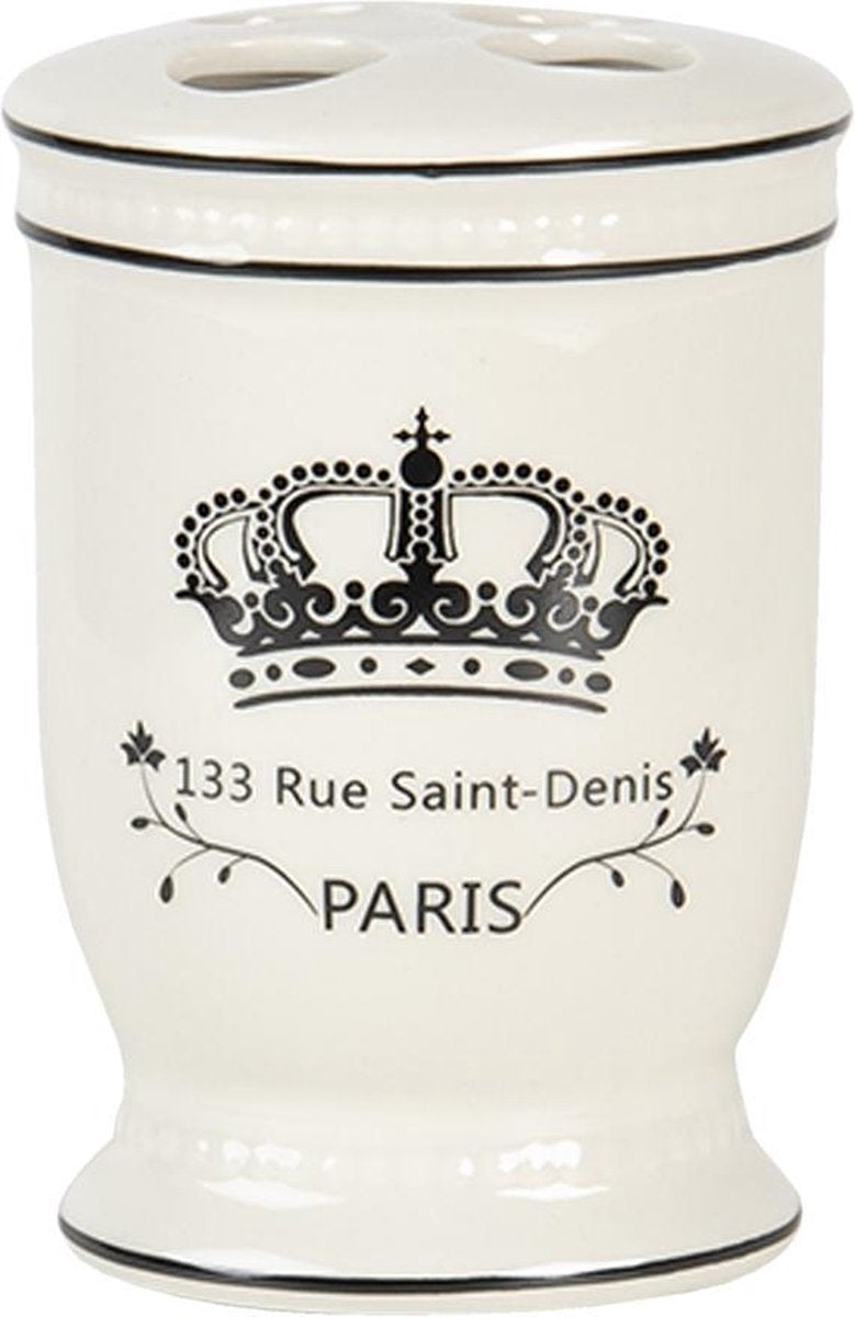 Clayre & Eef Badkamerset Set van 4 Beige Zwart Keramiek Kroon Paris Badkamer Accessoires Set