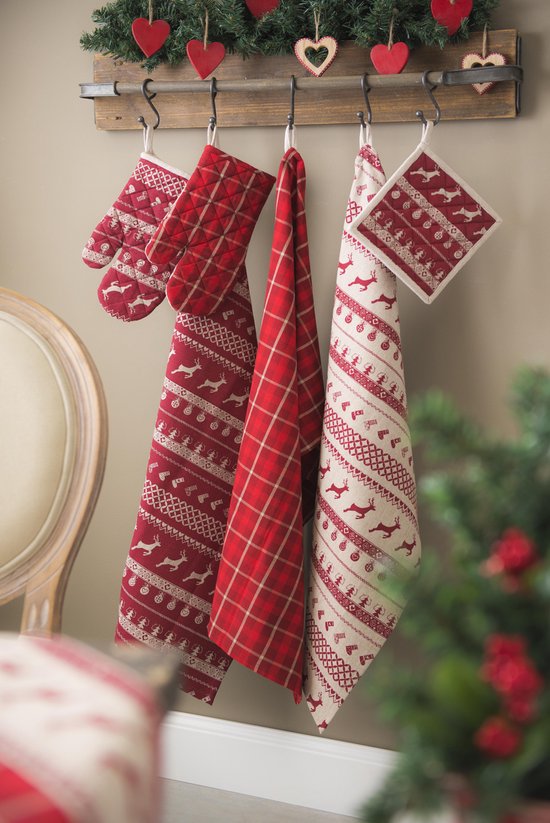 Clayre & Eef Theedoek 50*85 cm Rood Beige Katoen Rechthoek Kerst Vaatdoek Keukendoek Schotelvod