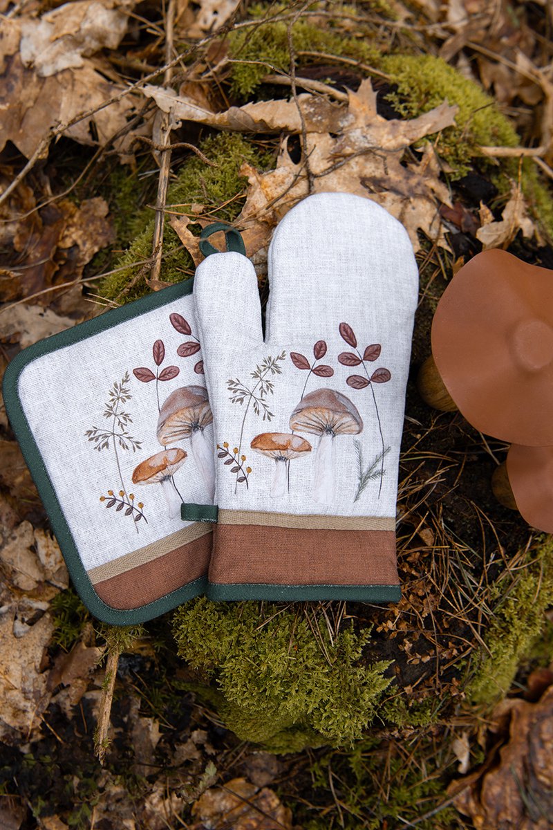 Clayre & Eef Theedoek 50x70 cm Beige Katoen Paddenstoelen Keukenhanddoek