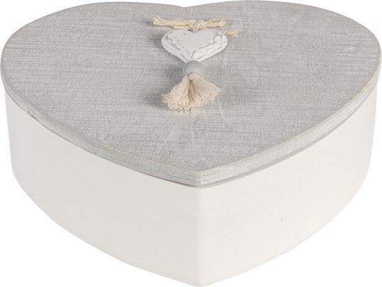 Clayre & Eef Opbergdoos 18*18*6 cm Grijs Wit Hout Hartvormig Hart Opbergbox