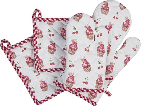 Clayre & Eef Ovenwant 16*30 cm Rood Katoen Cupcake Ovenhandschoen Cadeau voor haar