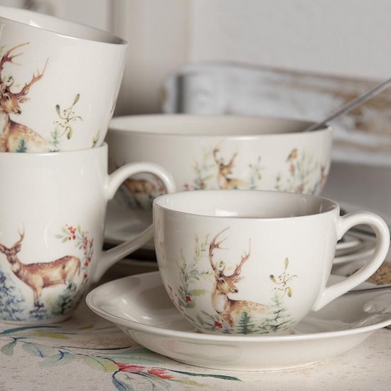 Clayre & Eef Kop en schotel 11*9*7 cm / Ø 15*2 cm / 200 ml Wit Keramiek Rond Hert Servies Cadeau voor haar Cappuccino
