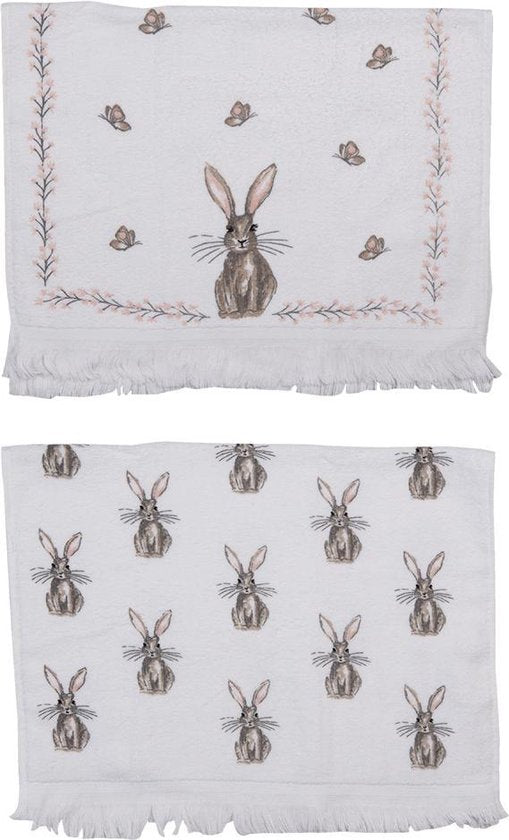 Clayre & Eef Gastendoekje Set van 2 40*66 cm Wit Roze Beige Katoen Konijn Toilet handdoek Kleine Handdoek Gastendoek