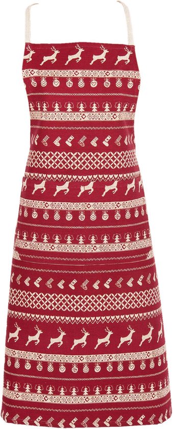 Clayre & Eef Keukenschort 70*85 cm Rood Beige Katoen kerst BBQ Schort Cadeau voor haar Kookschort