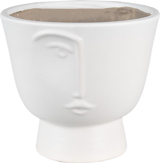 Clayre & Eef Bloempot Ø 17x15 cm Wit Keramiek Gezicht Bloempot binnen Plantenpot Plant pot