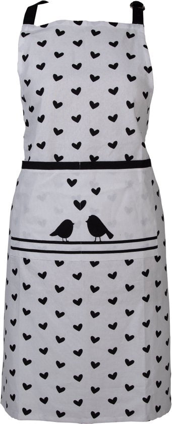 Clayre & Eef Keukenschort 70*85 cm Wit Zwart Katoen Hartjes en vogels BBQ Schort Cadeau voor haar Kookschort