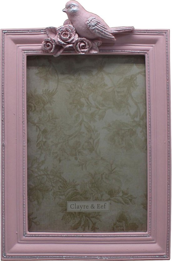 Clayre & Eef Fotolijst 16*3*24 cm / 13*18 cm Roze Kunststof, Glas Rechthoek Vogel op tak Fotokader Wissellijst Foto Frame
