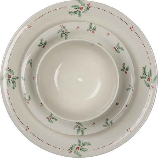 Clayre & Eef Soepkom Ø 14*7 cm Creme Keramiek Rond Hulstblaadjes Serveerkom Kommen Rijstkom