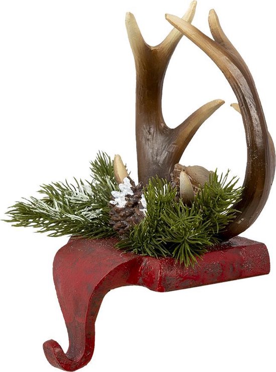 Clayre & Eef Haak Kerstsok Gewei 18*24*15 cm Rood Bruin Kunststof
