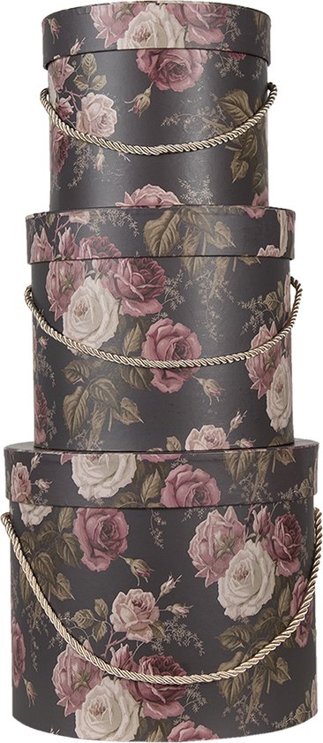 Clayre & Eef Hoedendoos Set van 3 Ø 23*20  cm Zwart Karton Bloemen Opbergdoos