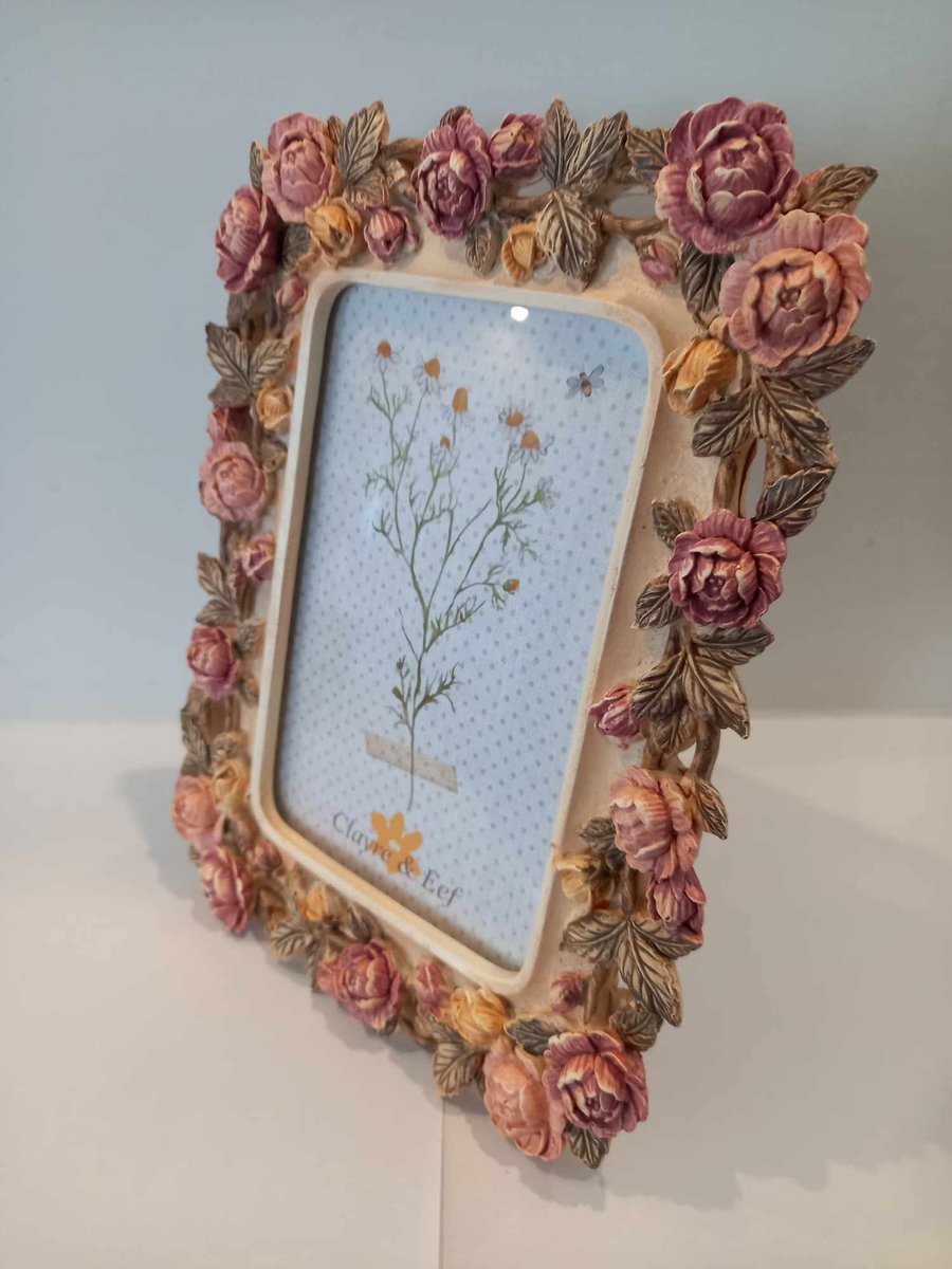 Clayre & Eef Fotolijst 10x15 cm Roze Kunststof Glas Roosjes Fotokader