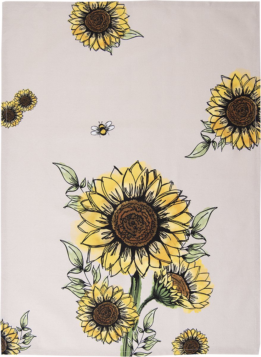 Clayre & Eef Theedoek 50x70 cm Beige Geel Katoen Zonnebloemen Keukenhanddoek Keukendoek Vaatdoek