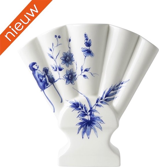 Heinen Delfts Blauw Sharing Moments - Tulpenvaas - Waaier - Aapjes - 18 x 18 x 6 cm