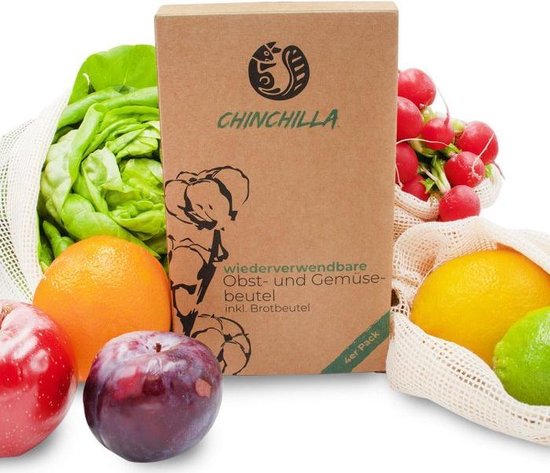 Chinchilla Zero Waste - Groente- Fruit en Broodzakjes - Katoen - biologisch - 4 stuks