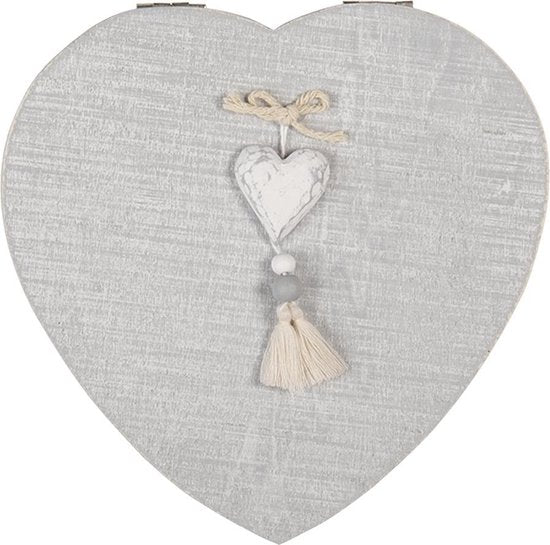 Clayre & Eef Opbergdoos 18*18*6 cm Grijs Wit Hout Hartvormig Hart Opbergbox