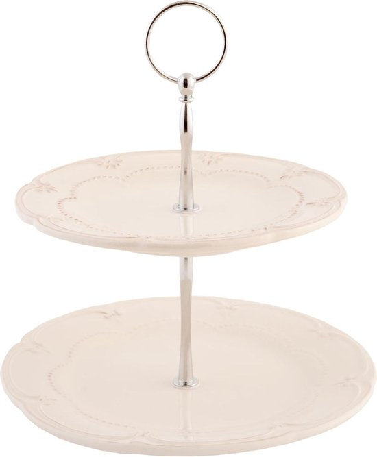Clayre & Eef Etagère 2 laags 23 cm Beige Keramiek Rond Roosjes Taartplateau Serveerschaal