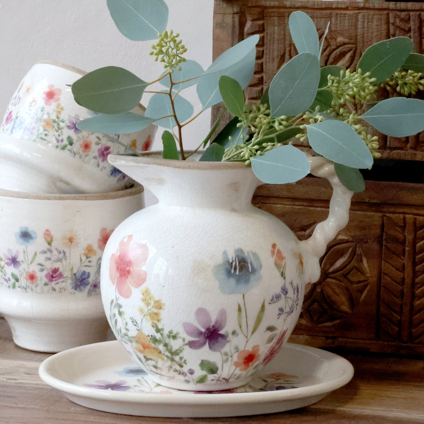 Chic Antique Fleurville Kan met Gedraaide Handgreep – Decoratieve schenkkan voor Bloemen & Interieur – Landelijke Stijl