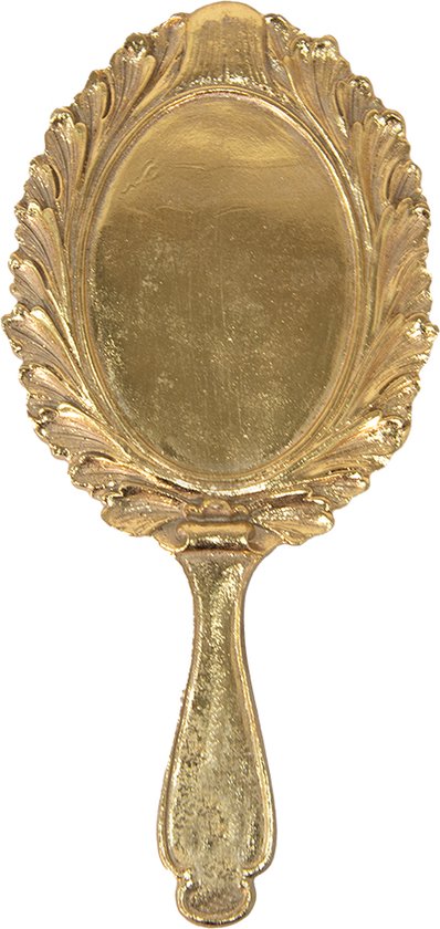 Clayre & Eef Handspiegel 13*1*27 cm Goudkleurig Kunststof Glas Make up Spiegel Cadeau voor haar