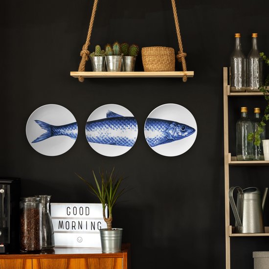 Borden met Vis (3 stuks) | Heinen Delfts Blauw | Design | Delfts Blauw | Wandbord |Wanddecoratie |