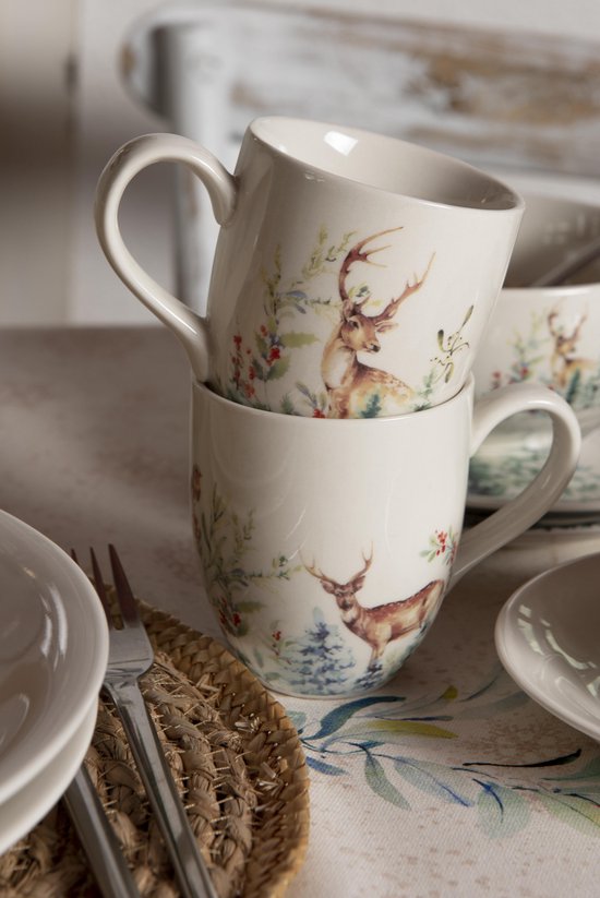 Clayre & Eef Kop en schotel 11*9*7 cm / Ø 15*2 cm / 200 ml Wit Keramiek Rond Hert Servies Cadeau voor haar Cappuccino