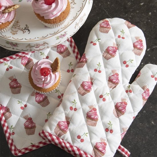 Clayre & Eef Ovenwant 16*30 cm Rood Katoen Cupcake Ovenhandschoen Cadeau voor haar