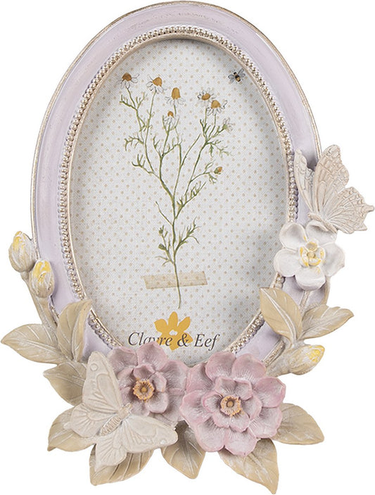 Clayre & Eef Fotolijst 10x15 cm Paars Kunststof Glas Ovaal Bloemen Fotokader