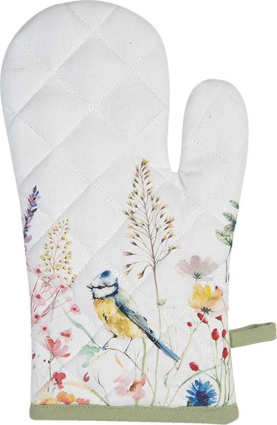 Clayre & Eef Ovenwant 16*30 cm Wit Groen Katoen Vogels en bloemen Ovenhandschoen Cadeau voor haar