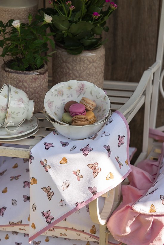 Clayre & Eef Keukenschort 70x85 cm Beige Roze Katoen Vlinders BBQ Schort Cadeau voor haar Kookschort