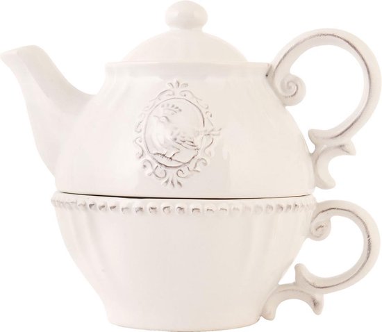 Clayre & Eef Tea for One 18*12*16 cm / 400 ml Beige Keramiek Rond Vogel Theepot set Cadeau voor haar Theepot met Kopje