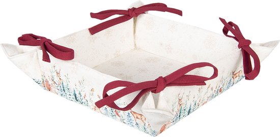 Clayre & Eef Broodmand 35*35*8 cm Creme Bruin Rood Groen 100% Katoen Vierkant Kerst en hert Broodmandje Bread Basket