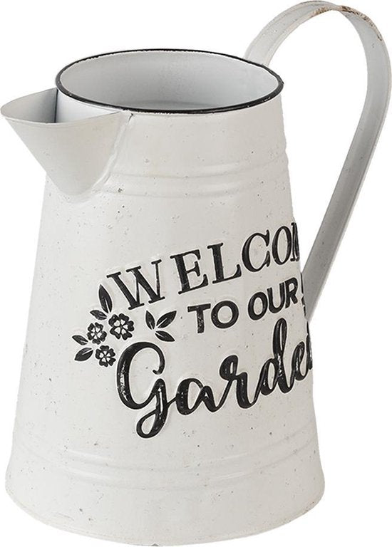 Clayre & Eef Decoratie Kan 17*17*23 cm Wit Metaal Rond Welcome to our garden Decoratieve Waterkan Decoratieve Gieter Tuindecoratie